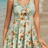 Sage Green Front Tie-Up Floral One-Piece Swimsuit